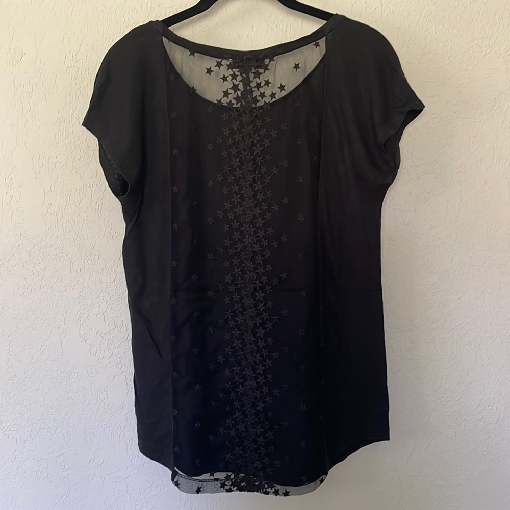 Sandro Black Linen and Star Embroidered Mesh Tee